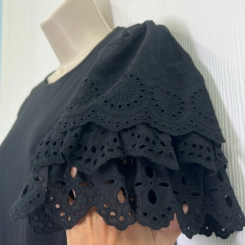 Chicos - Black Crewneck Crochet Tiered Short Sleeves Shirt Midi Dress Size Med